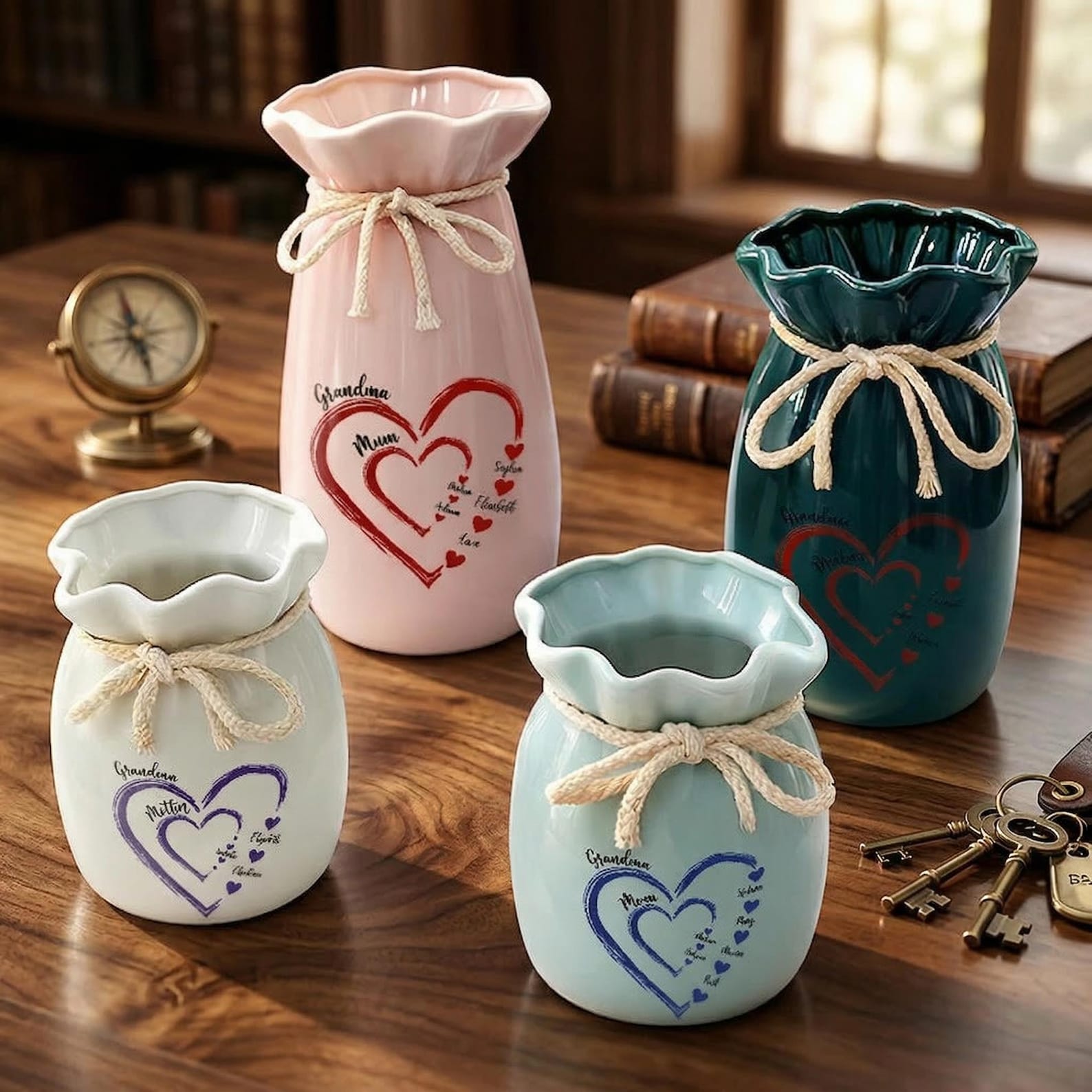 Personalized Mom Grandma Heart Flower Vase, Custom Names Family Vase