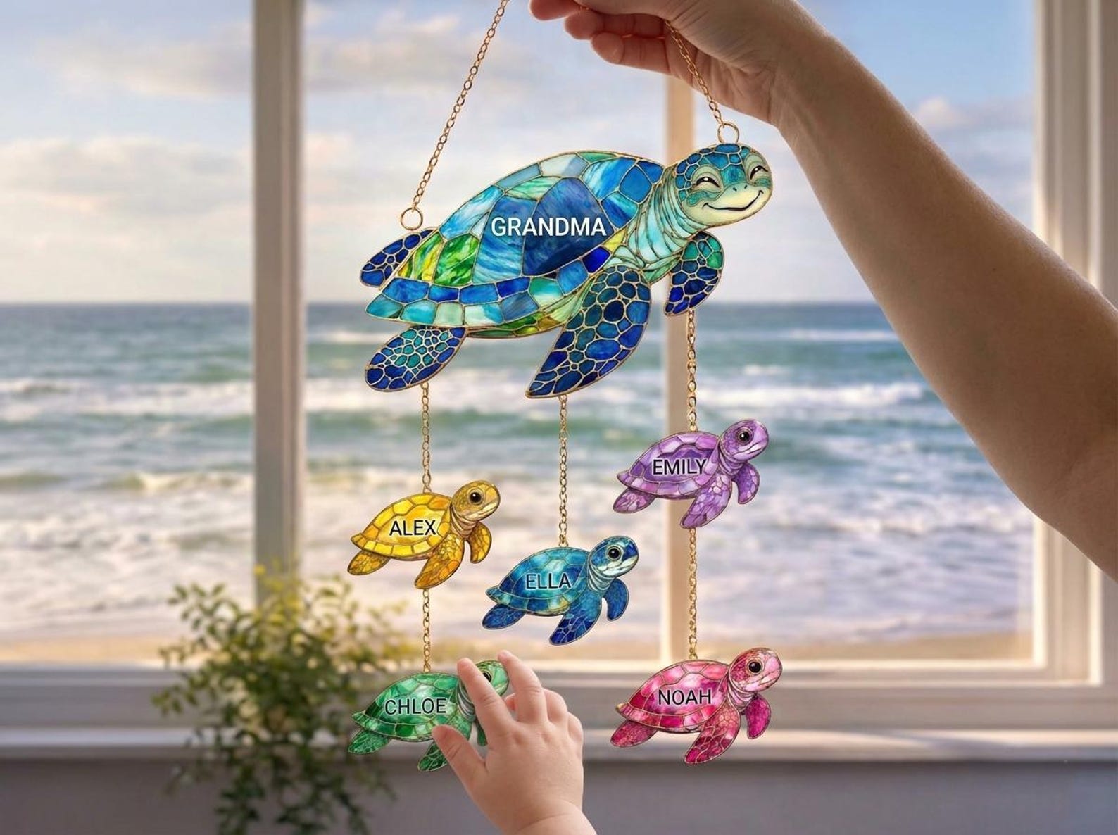 Personalized Grandma& Kids Sea Turtle Suncatcher, Sea Turtle Family Suncatcher