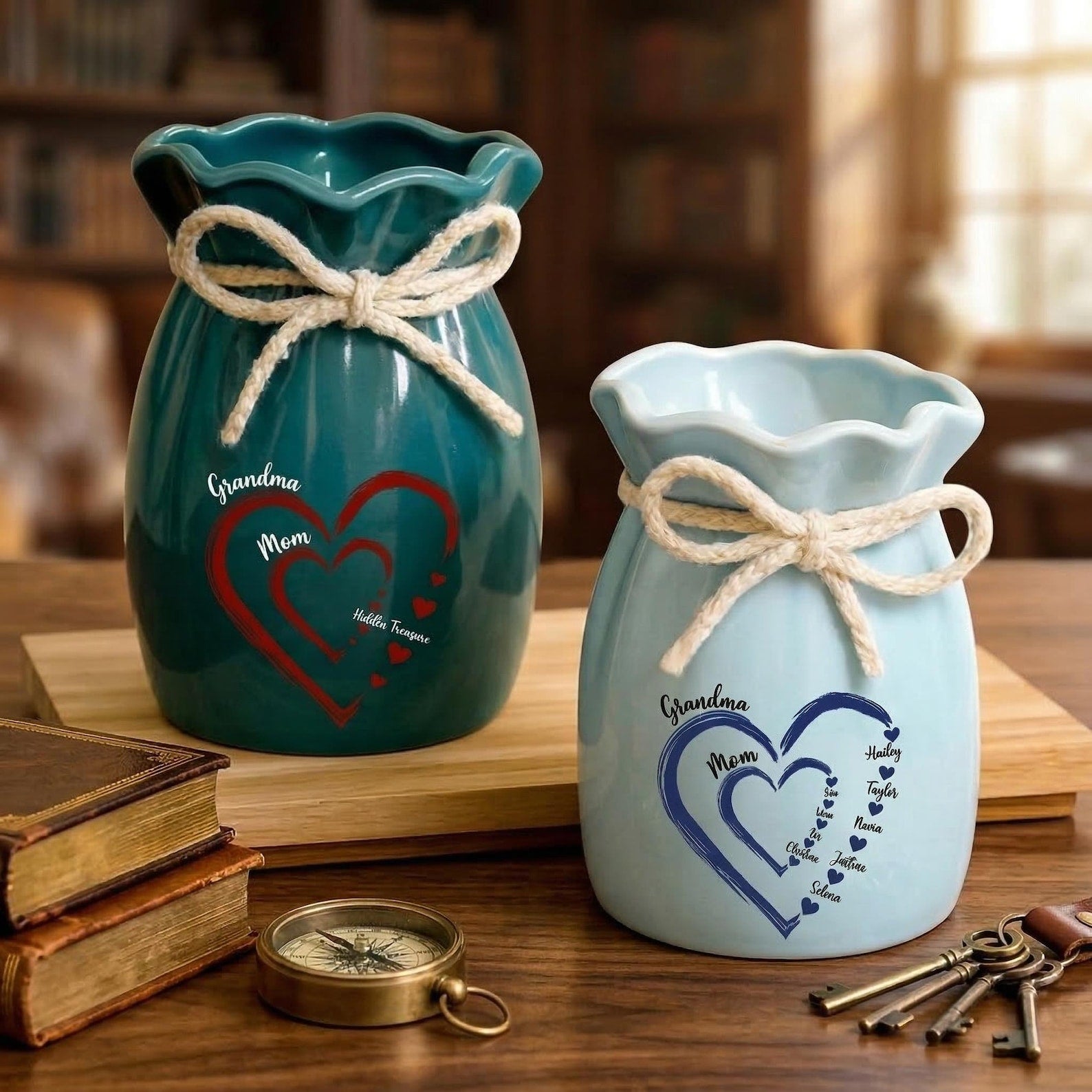 Personalized Mom Grandma Heart Flower Vase, Custom Names Family Vase