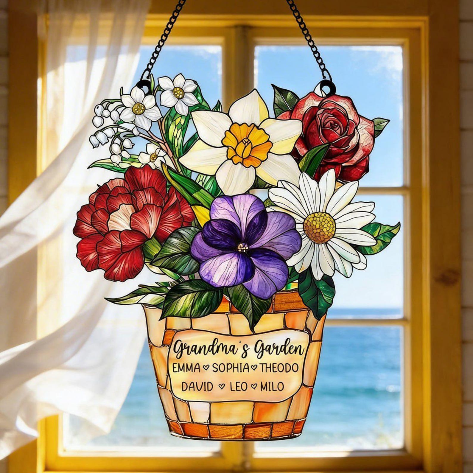 Custom Floral Suncatcher with Kids Names, Personalized Grandma Gift Window Hanging