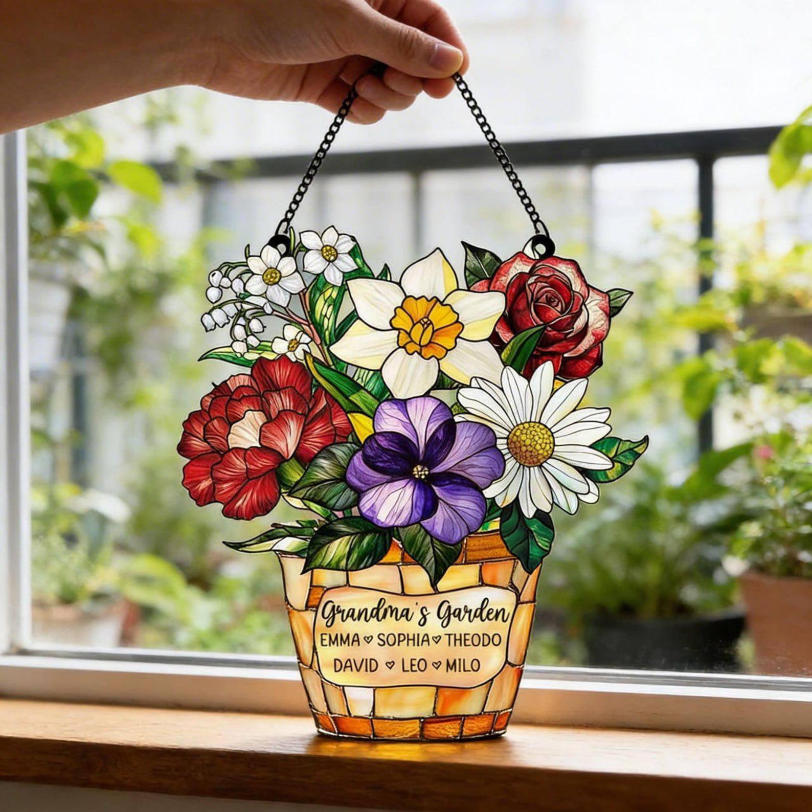 Custom Floral Suncatcher with Kids Names, Personalized Grandma Gift Window Hanging
