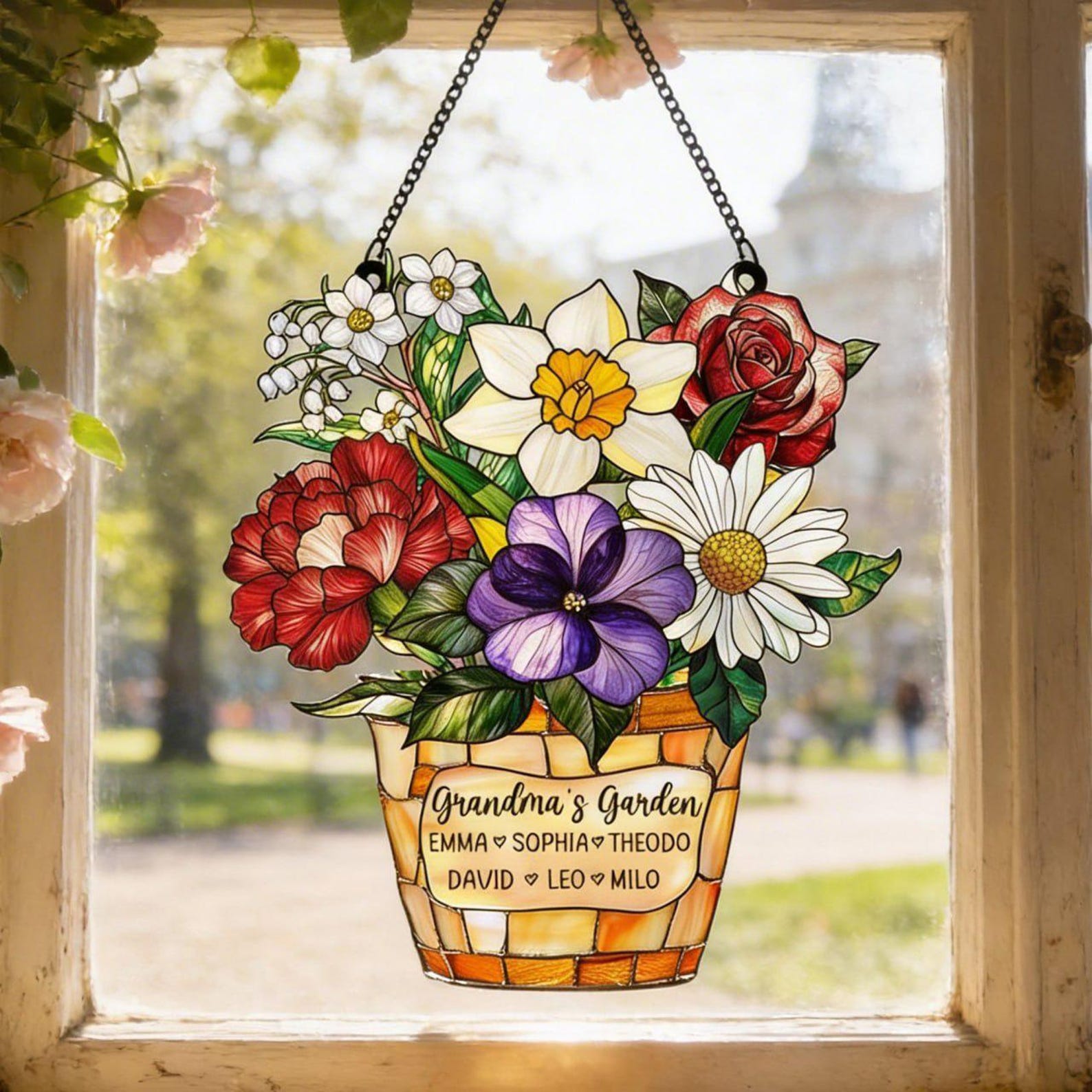 Custom Floral Suncatcher with Kids Names, Personalized Grandma Gift Window Hanging