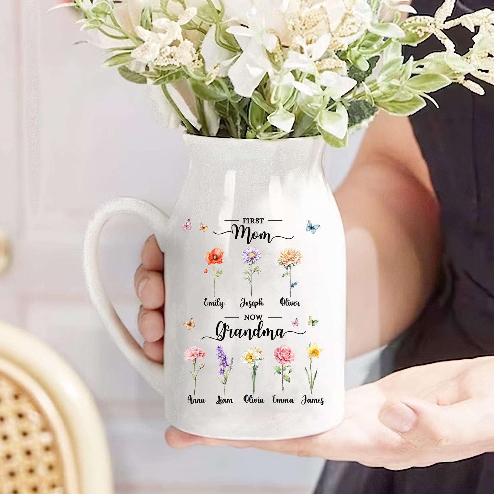 Personalized First Mom Now Grandma Gift, Custom Birth Month Flower Vase with Grandkids Name