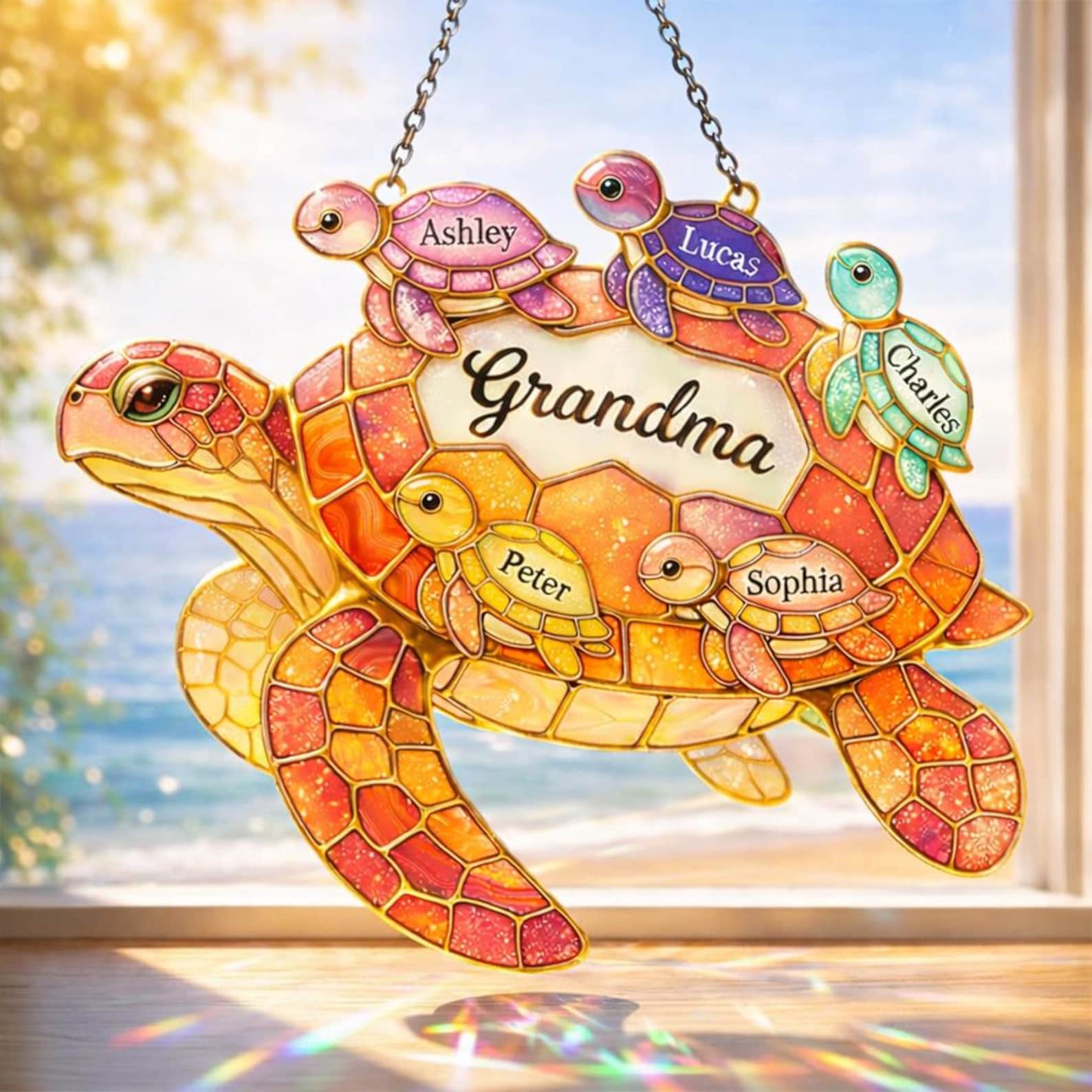 Personalized Grandma Turtle Suncatcher, Custom Grandma Turtle Acrylic Window Art