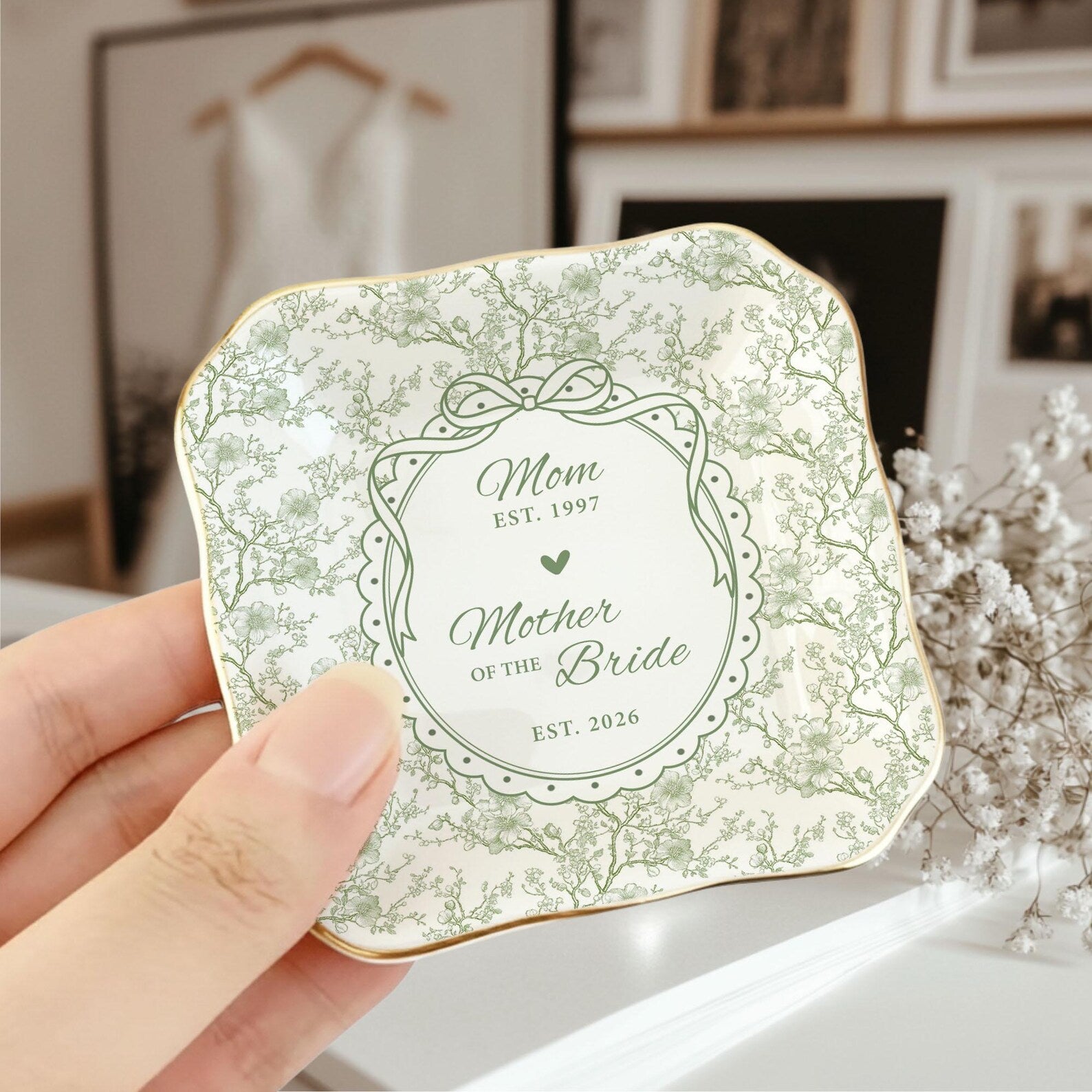 Personalized Mother of the Bride Jewelry Dish, Custom Toile De Jouy Ring Dish, MOB MOG Gift