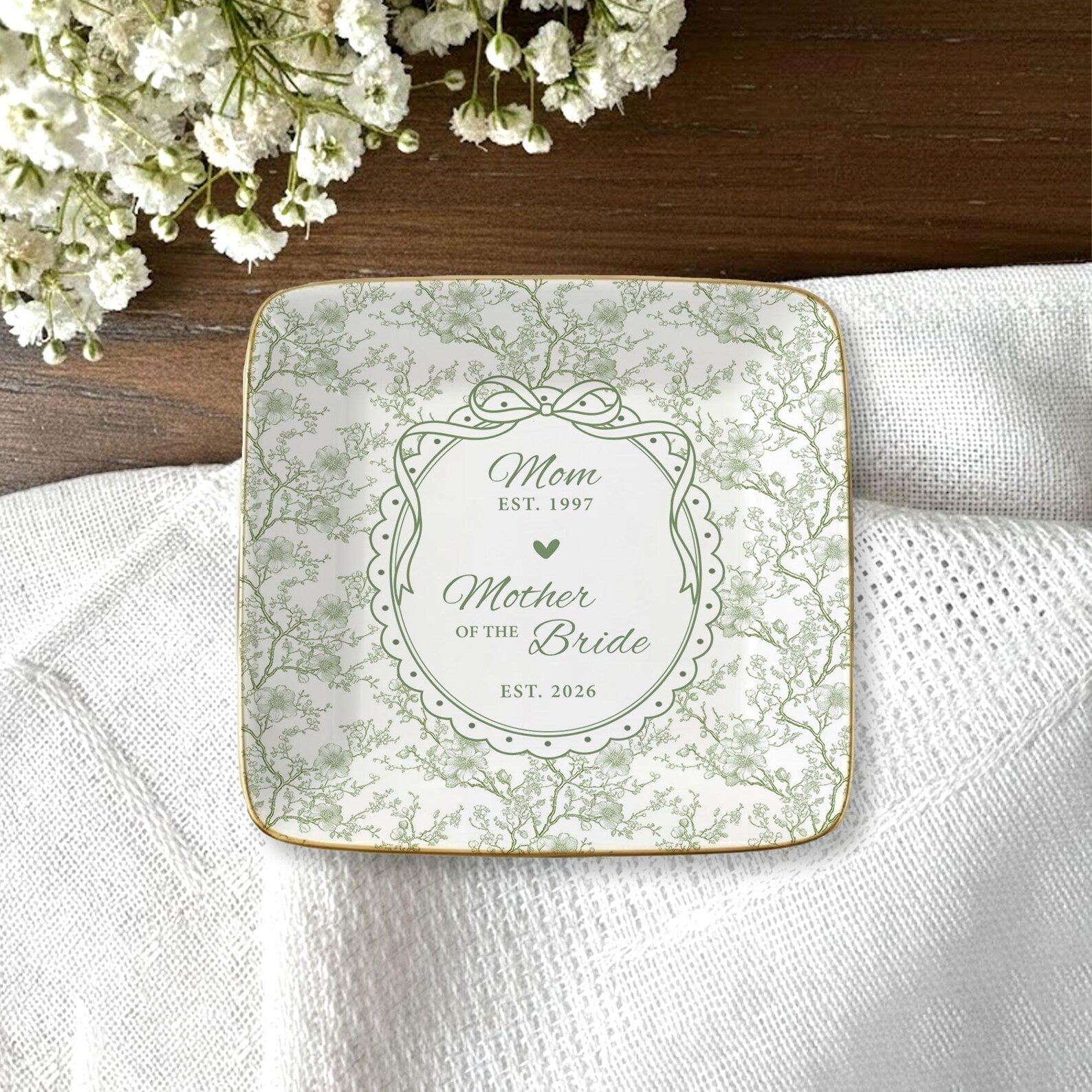 Personalized Mother of the Bride Jewelry Dish, Custom Toile De Jouy Ring Dish, MOB MOG Gift