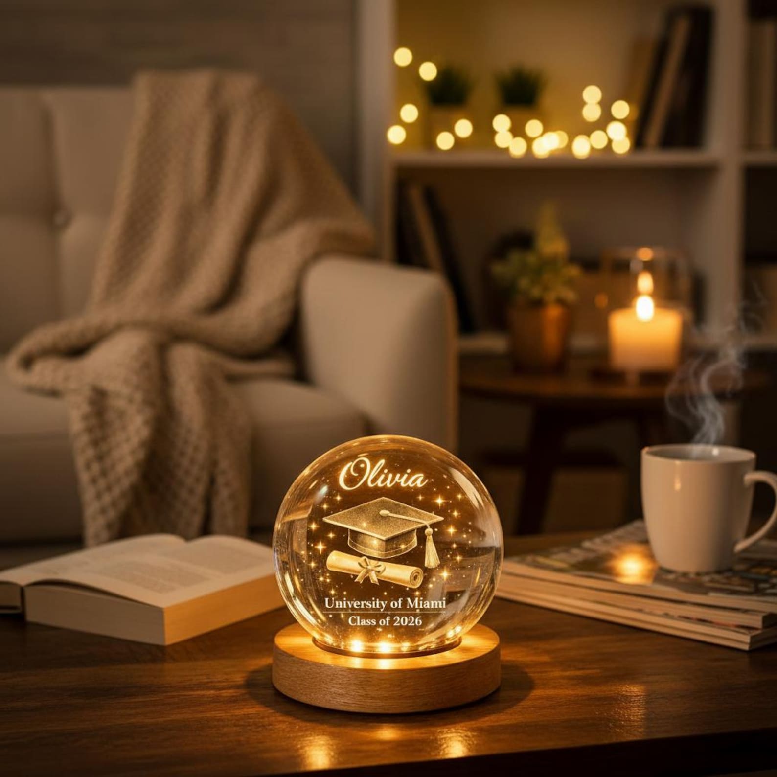 Personalized Graduation Gift, Custom Name University Graduation Crystal Ball Night Light