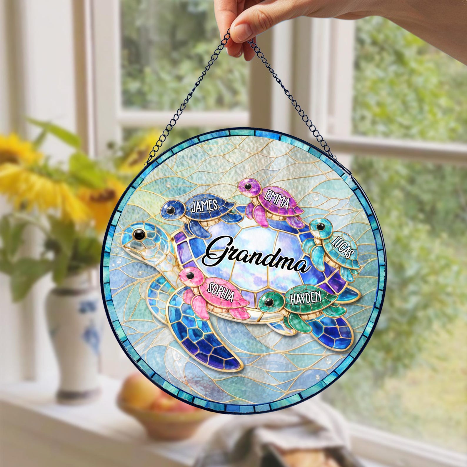 Personalized Turtle Suncatcher for Grandma, Custom Name Stained Glass Suncatcher