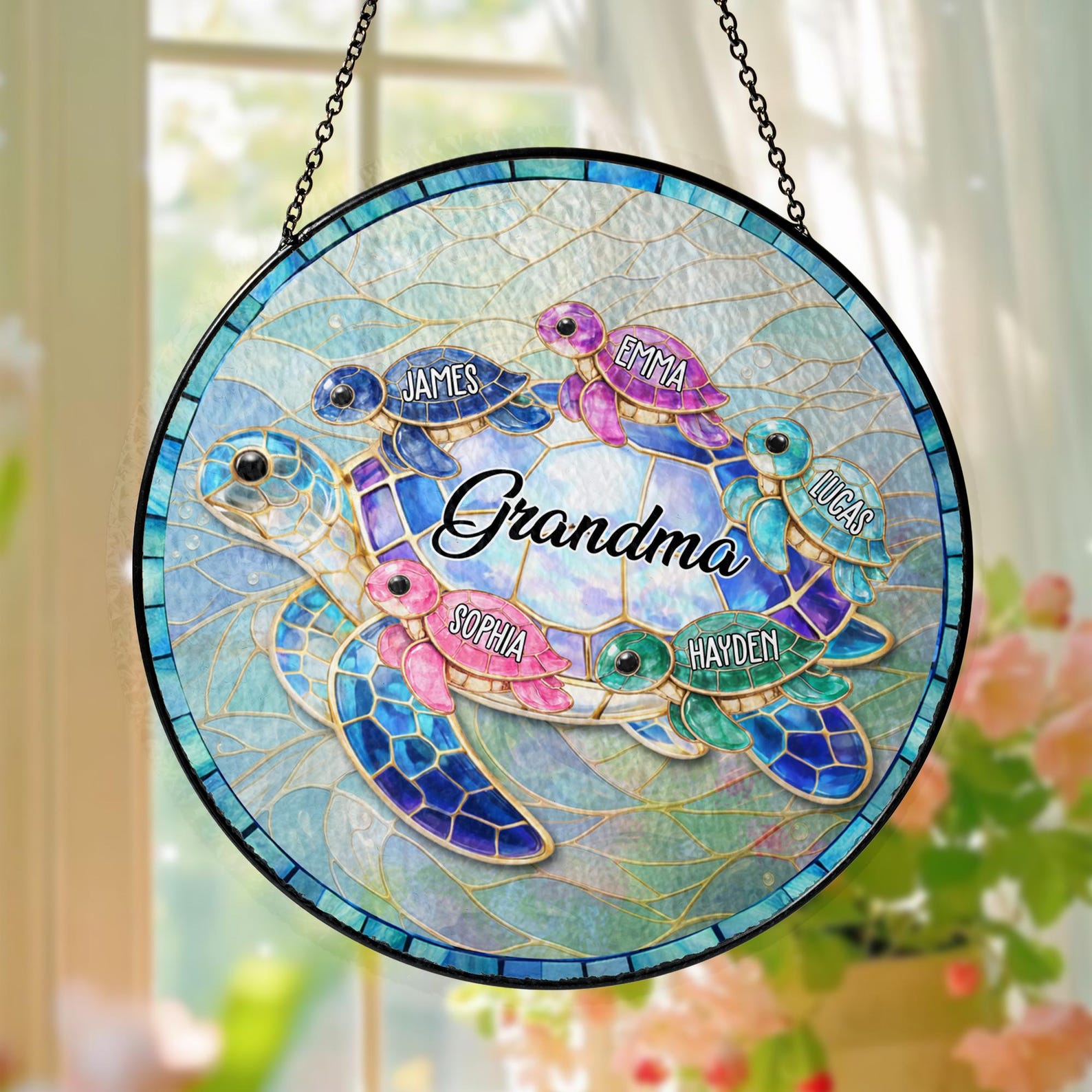 Personalized Turtle Suncatcher for Grandma, Custom Name Stained Glass Suncatcher