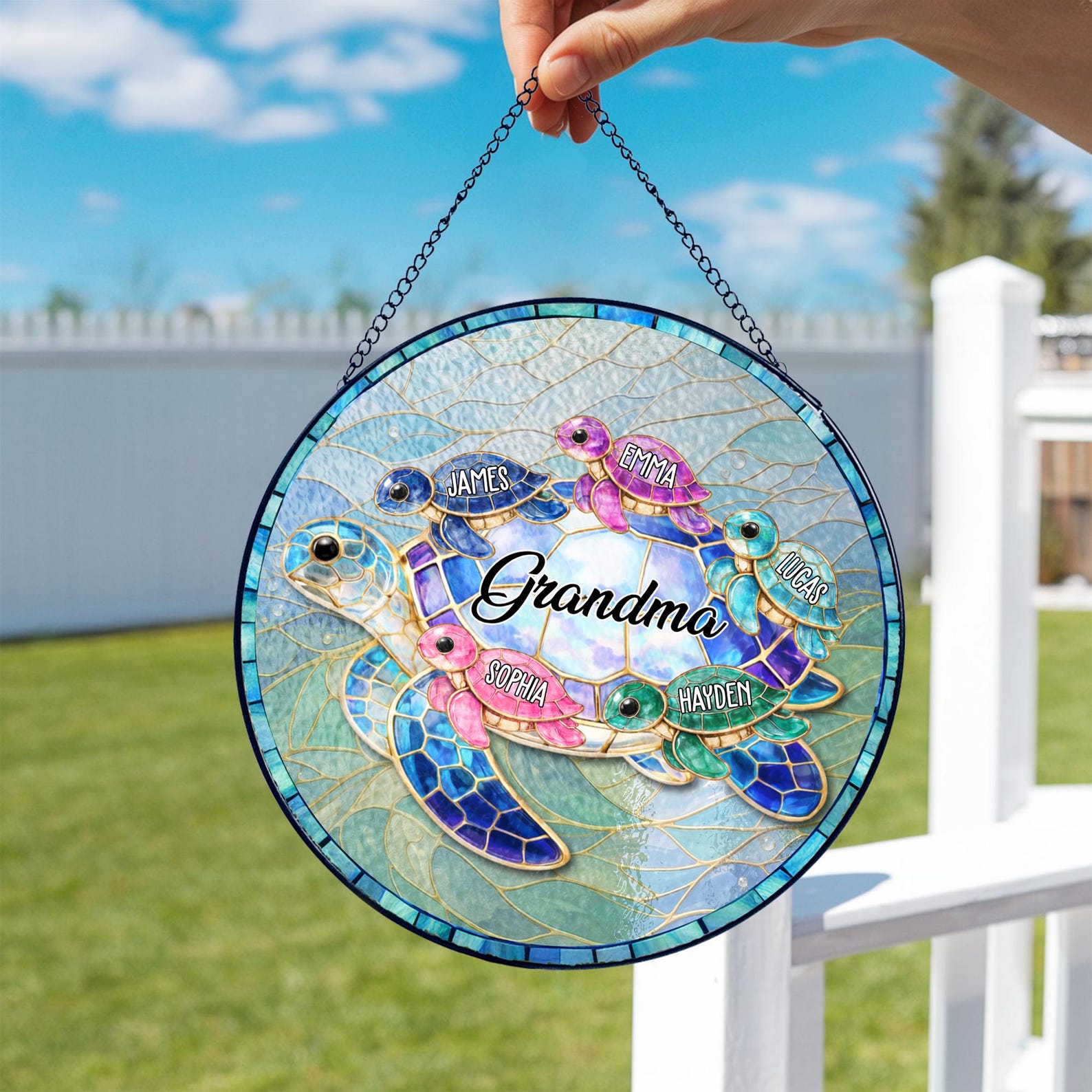 Personalized Turtle Suncatcher for Grandma, Custom Name Stained Glass Suncatcher