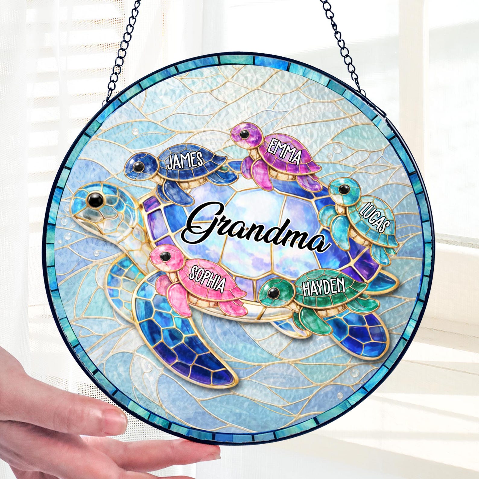 Personalized Turtle Suncatcher for Grandma, Custom Name Stained Glass Suncatcher