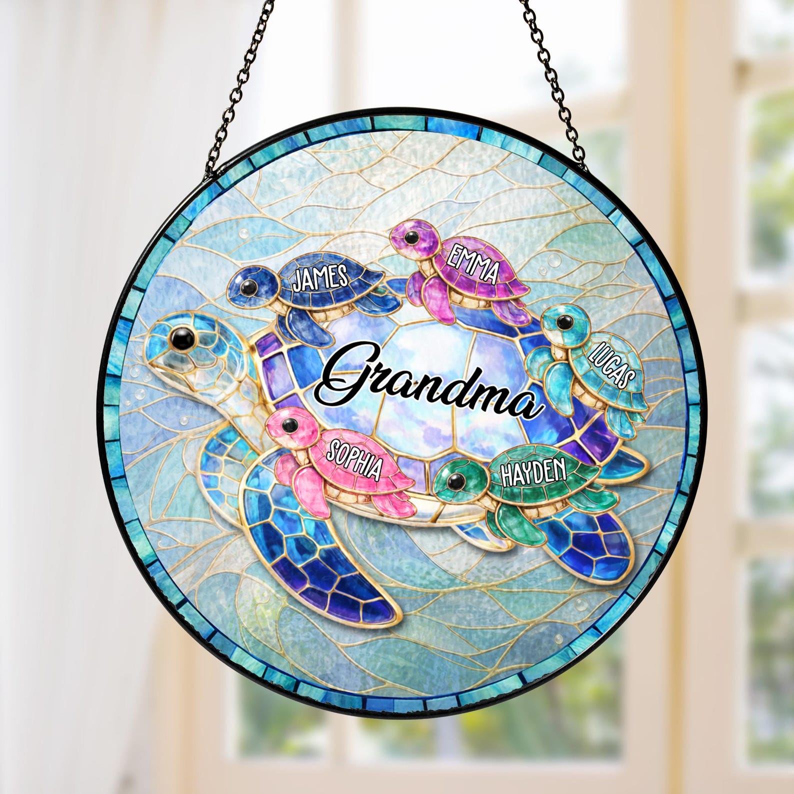 Personalized Turtle Suncatcher for Grandma, Custom Name Stained Glass Suncatcher
