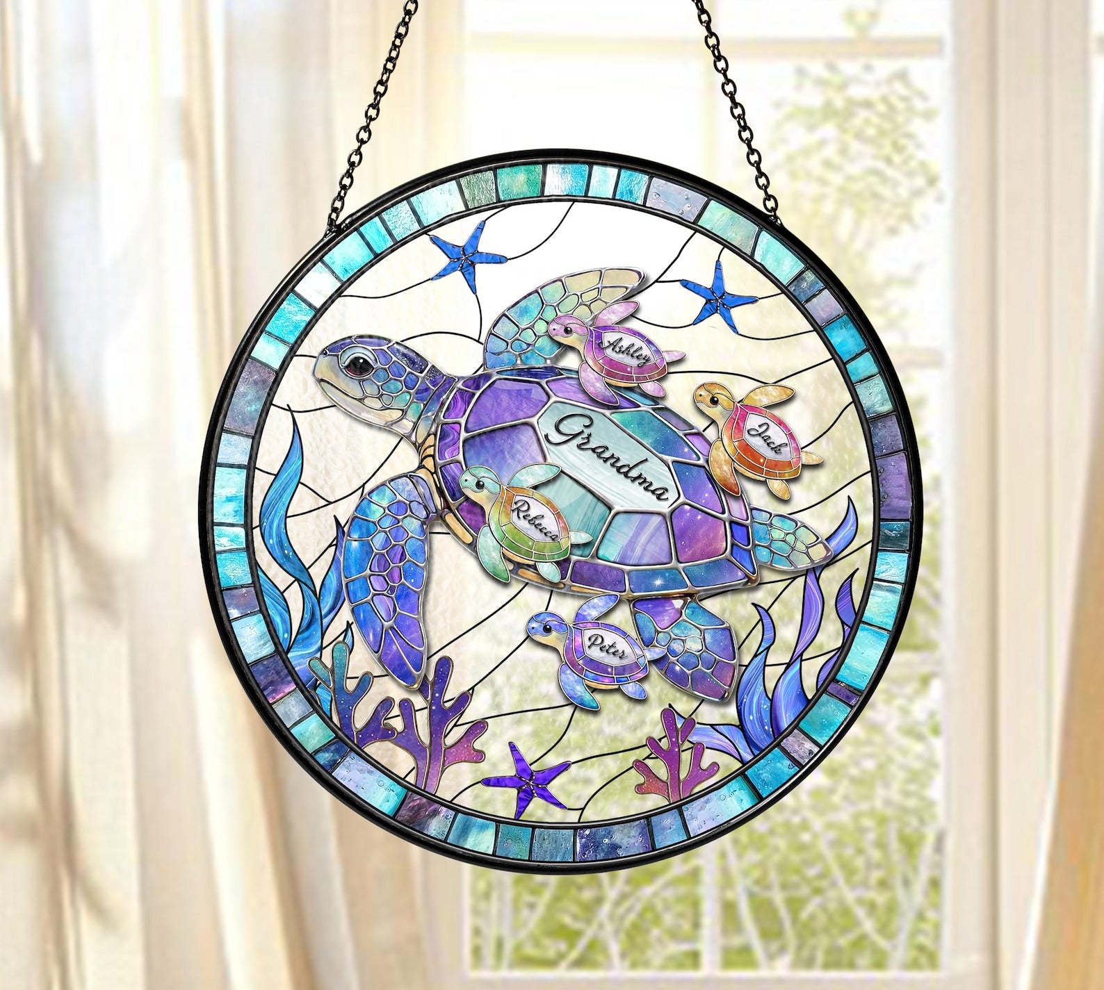 Personalized Sea Turtle Family Suncatcher, Ocean Stained Glass, Custom Kids Name
