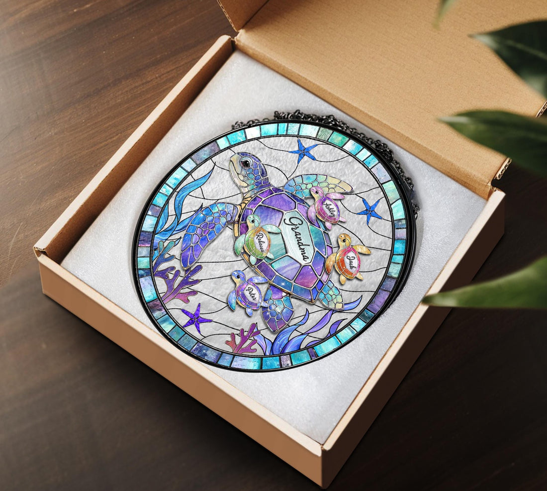 Personalized Sea Turtle Family Suncatcher, Ocean Stained Glass, Custom Kids Name