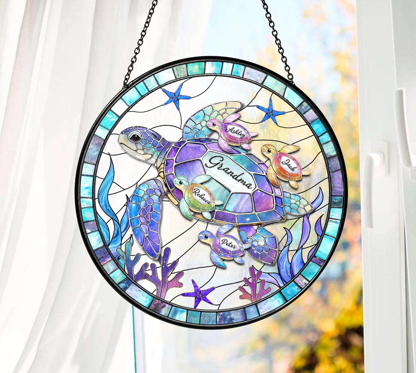 Personalized Sea Turtle Family Suncatcher, Ocean Stained Glass, Custom Kids Name