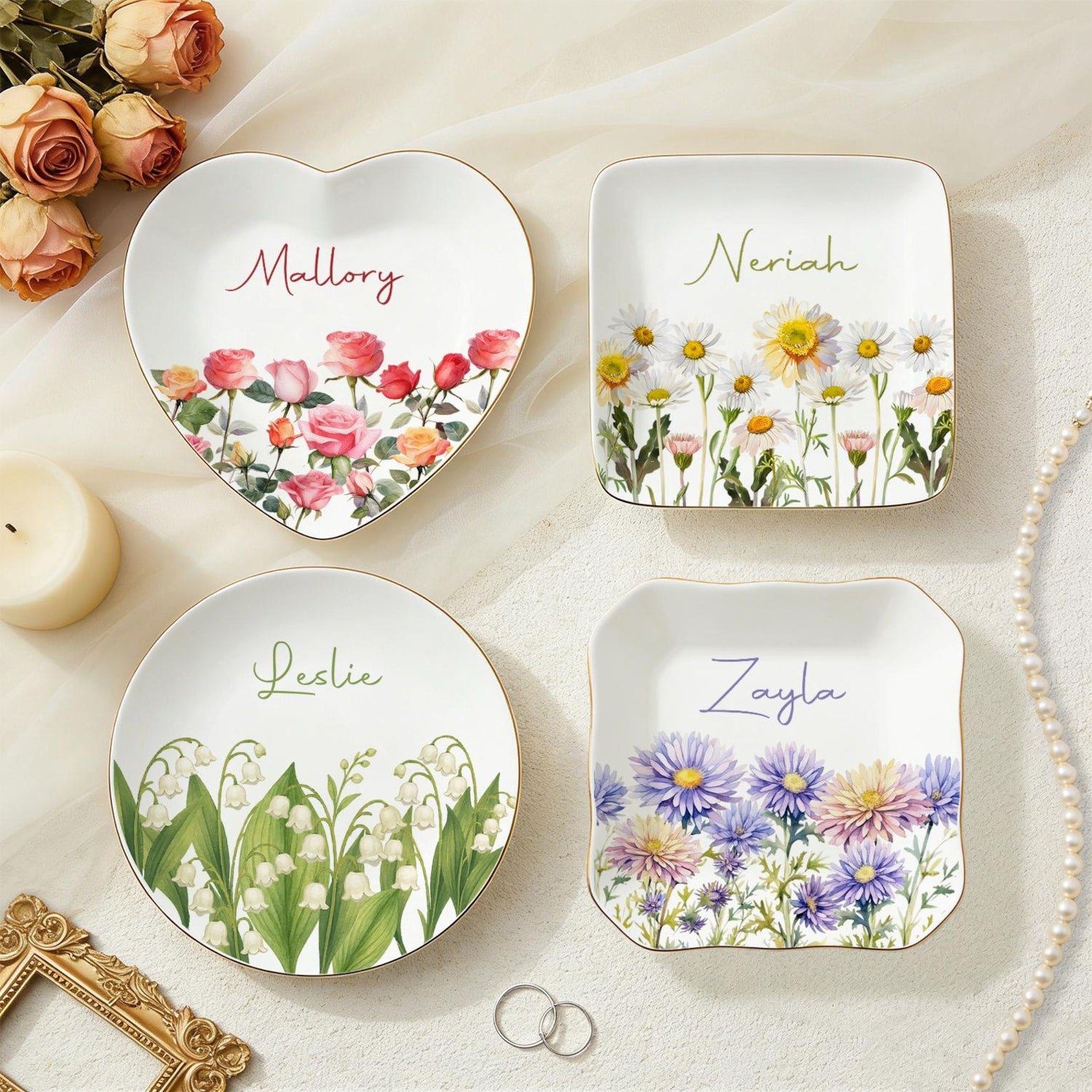 Personalized Watercolor Birth Flower Trinket Dish, Ceramic Ring Tray