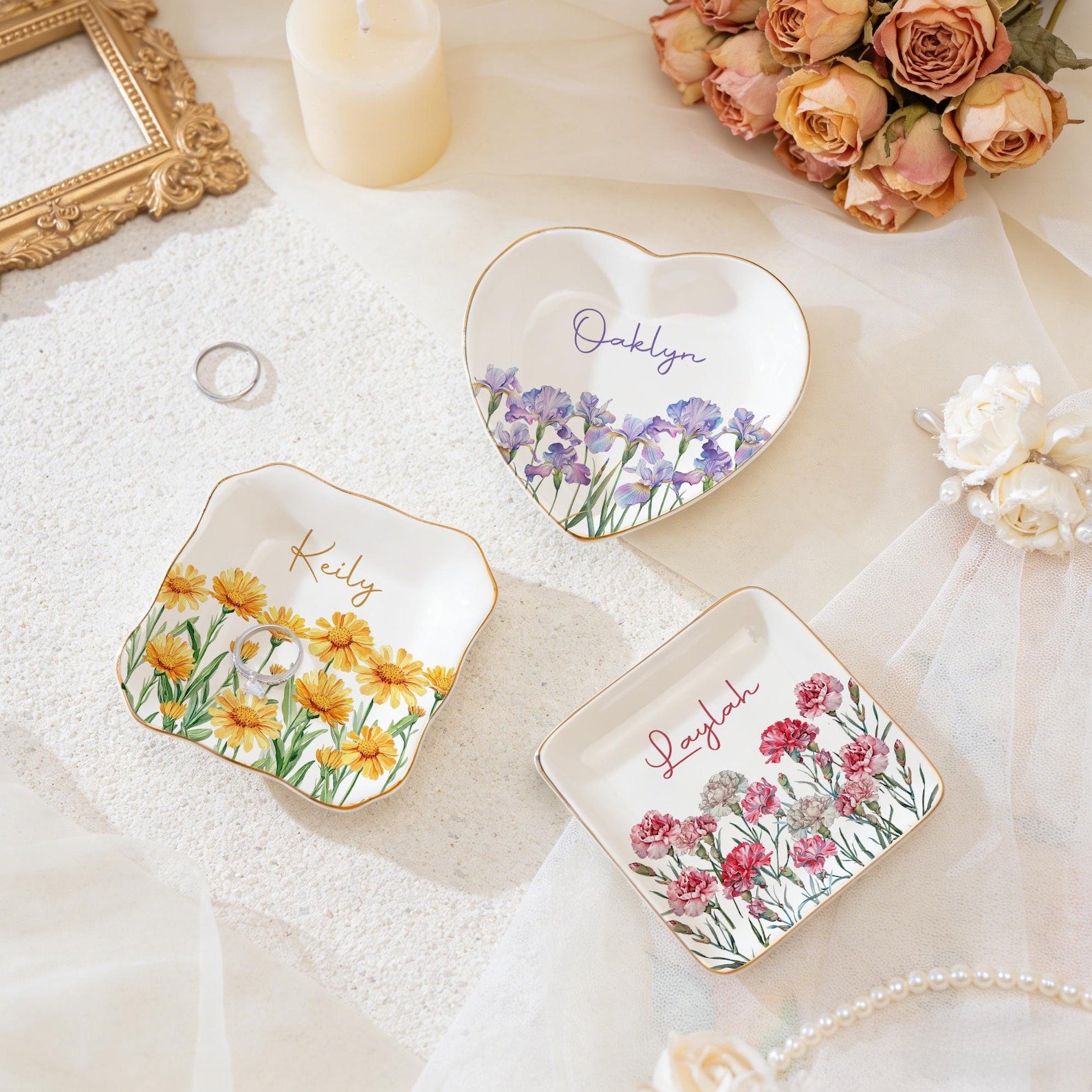 Personalized Watercolor Birth Flower Trinket Dish, Ceramic Ring Tray