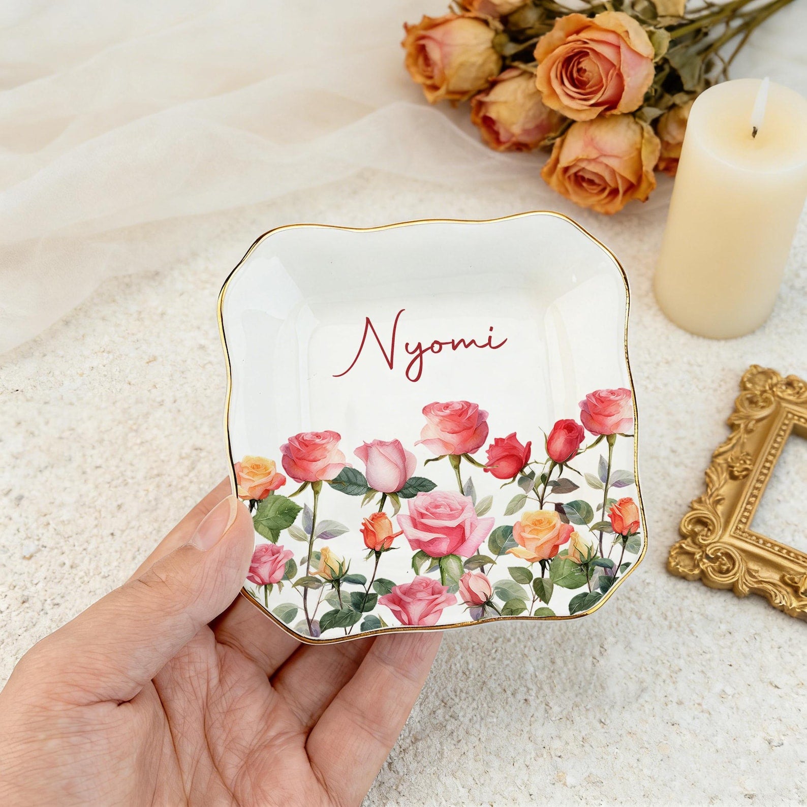 Personalized Watercolor Birth Flower Trinket Dish, Ceramic Ring Tray