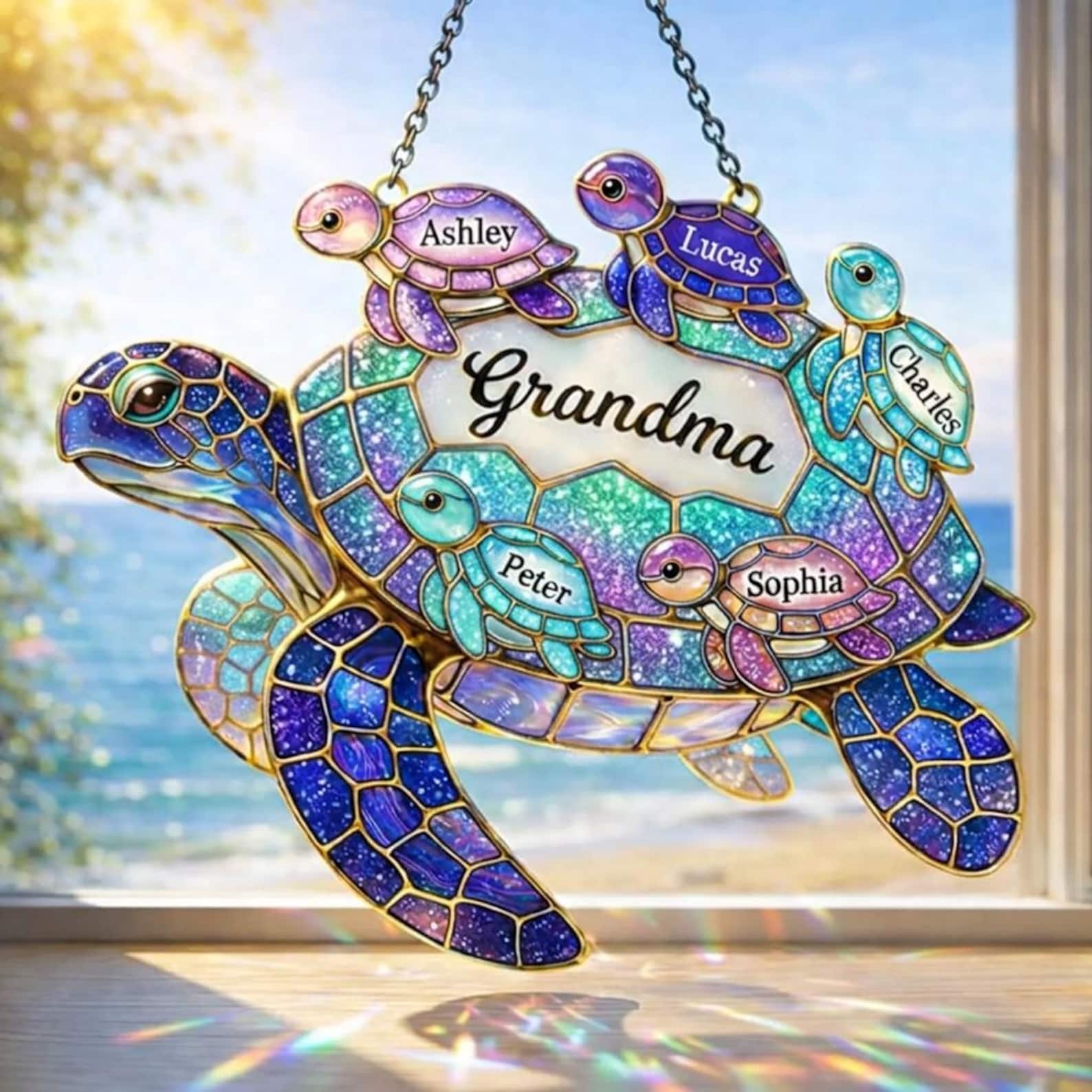 Personalized Grandma Turtle Suncatcher, Custom Grandma Turtle Acrylic Window Art