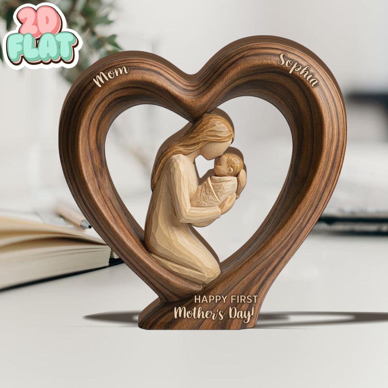 First Mothers Day 2D FLAT Wooden Block, Personalized Name Mom and Baby Keepsake