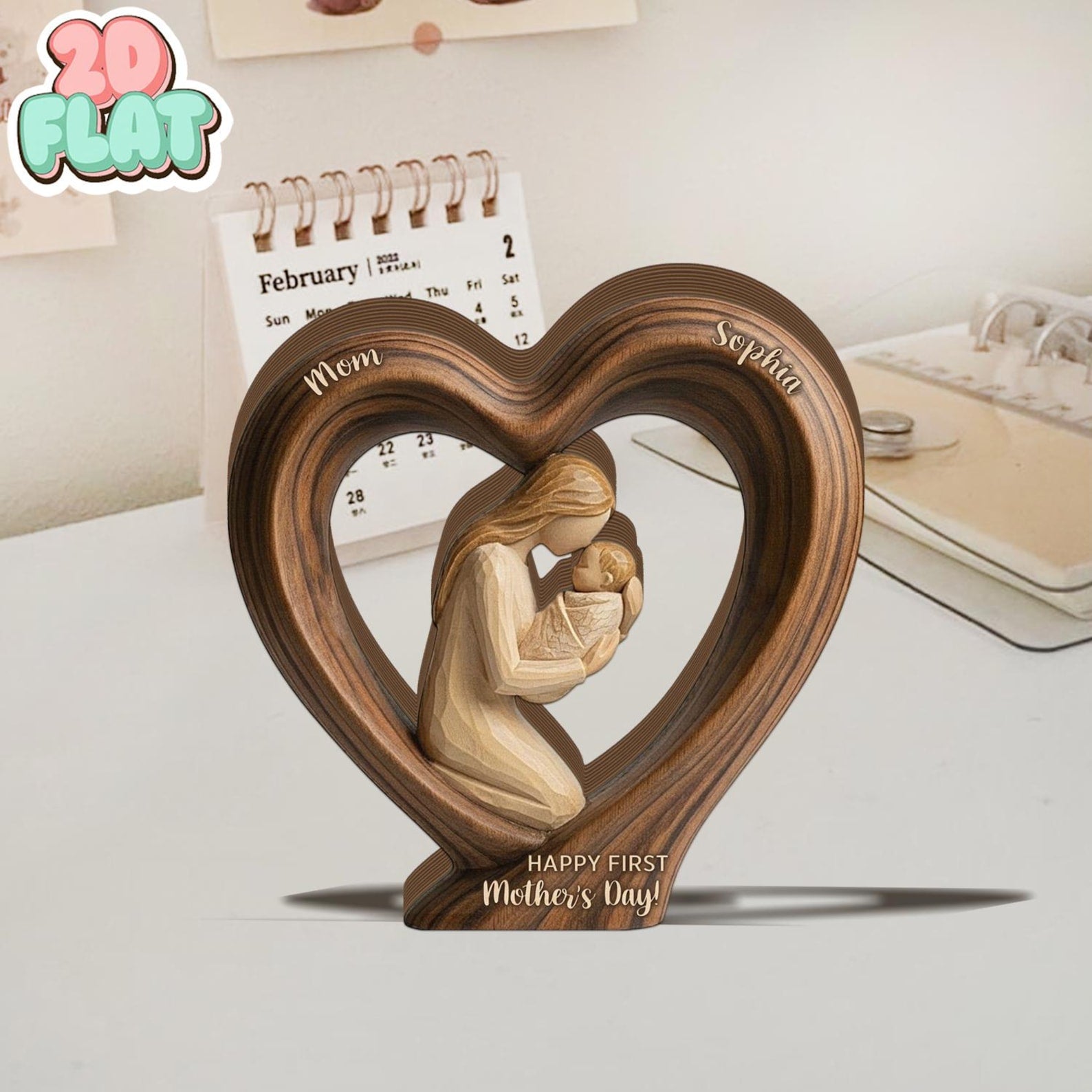 First Mothers Day 2D FLAT Wooden Block, Personalized Name Mom and Baby Keepsake