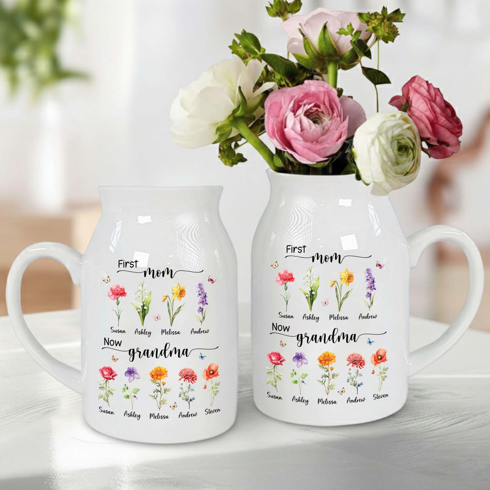 Personalized First Mom Now Grandma Flower Vase, Birth Month Flower Vase
