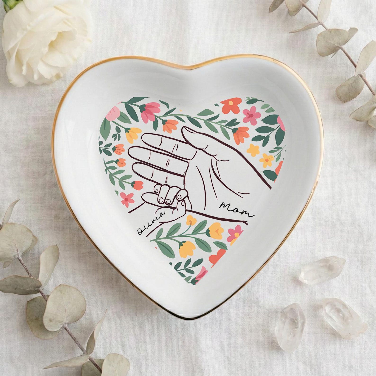 Custom Hands Boho Floral Trinket Dish, Jewelry Dish Custom Name Hand Kid Names