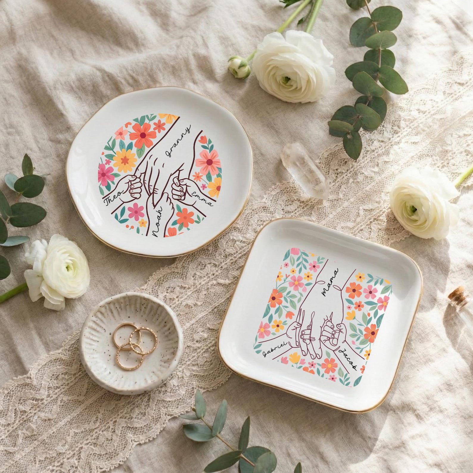 Custom Hands Boho Floral Trinket Dish, Jewelry Dish Custom Name Hand Kid Names