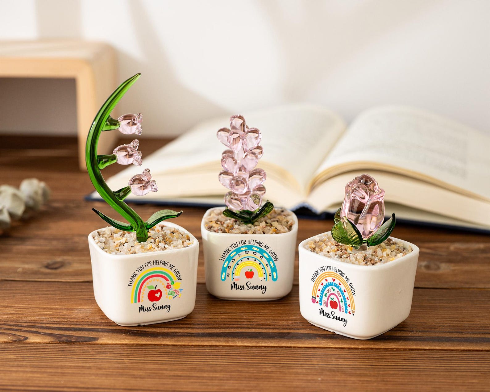 Custom Stained Glass Flower Pot, Thank You for Helping Me Grow, Teacher Appreciation Gift