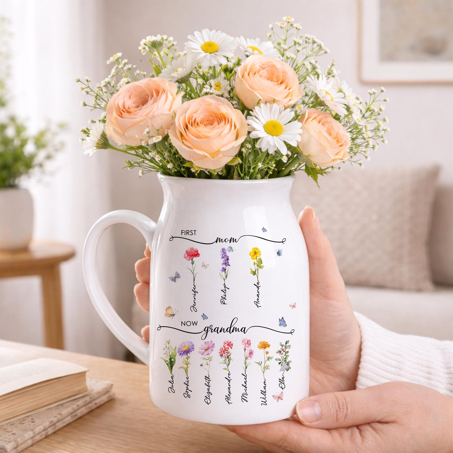 Custom First Mom Now Grandma Ceramic Flower Vase, Birth Month Flower Vase