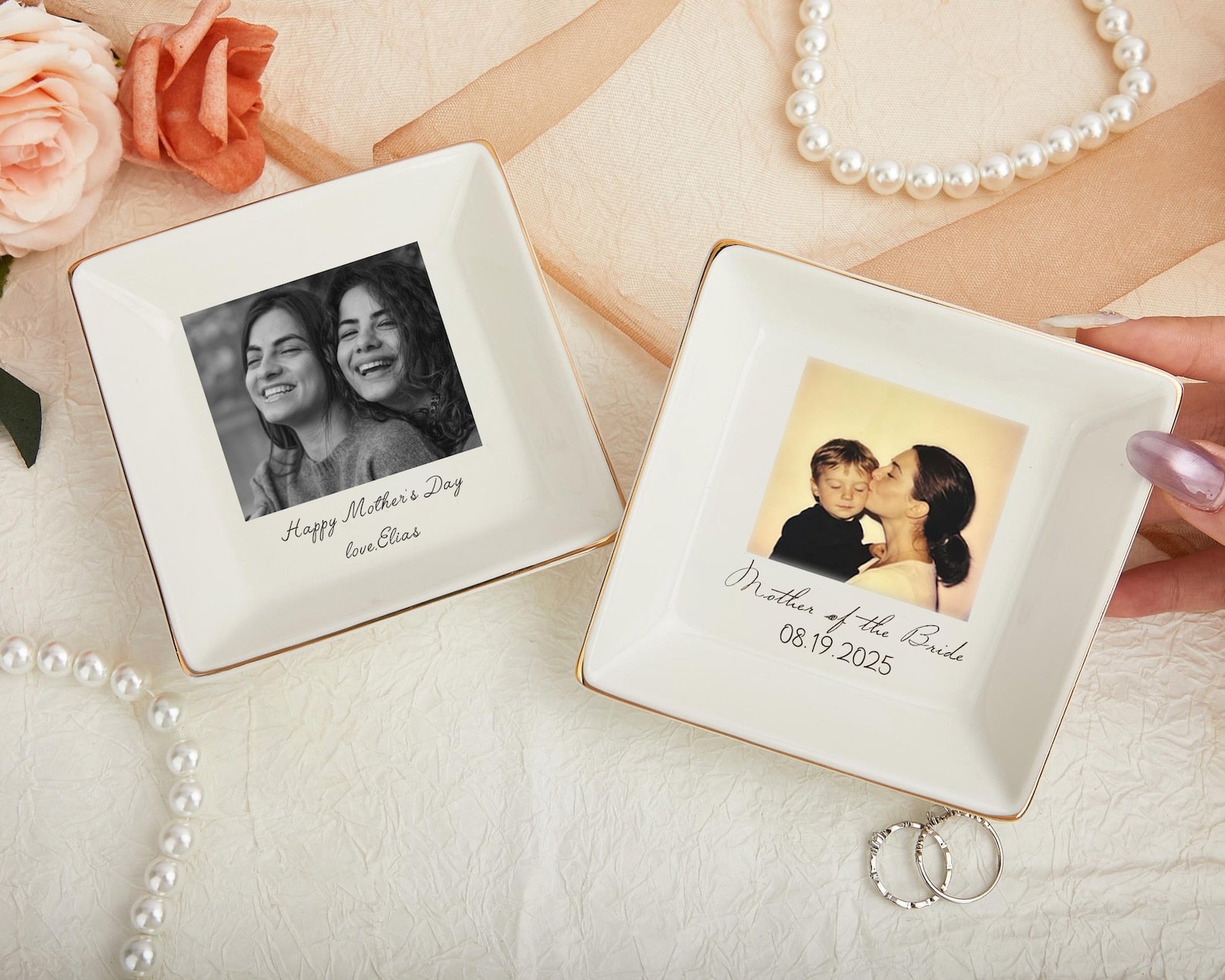Personalized Photo Jewelry Dish, Mother of The Bride Jewelry Tray, Custom Ring Ceramic Dish with Picture