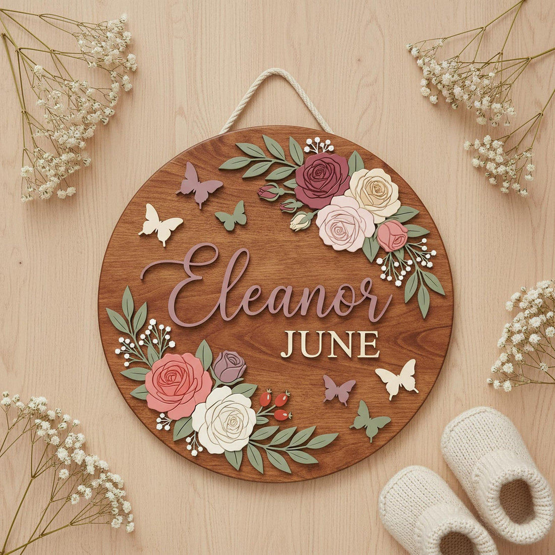 Personalized Baby Girl Nursery Door Sign, Custom Name Wooden Round Sign, Baby Shower Gift