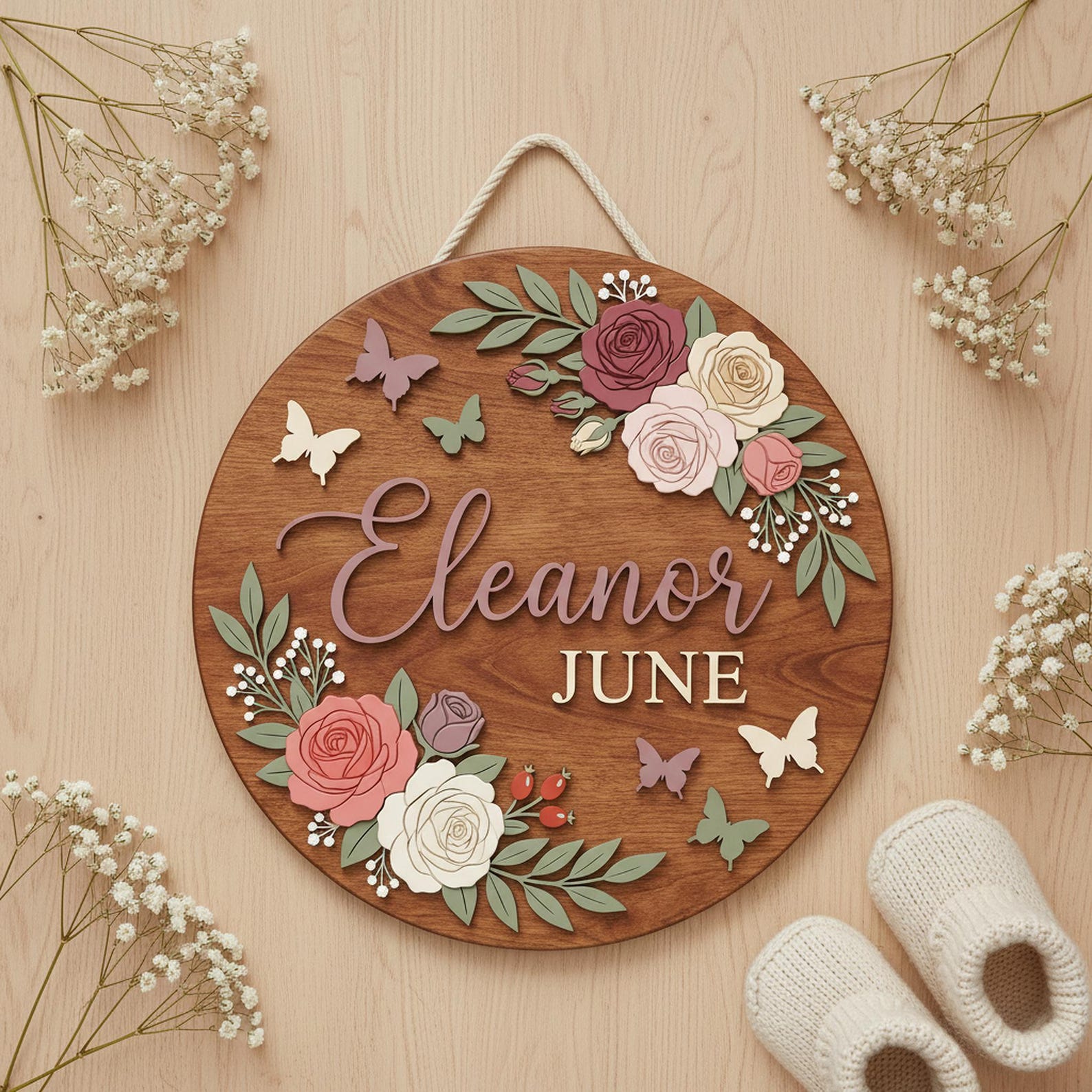 Personalized Baby Girl Nursery Door Sign, Custom Name Wooden Round Sign, Baby Shower Gift