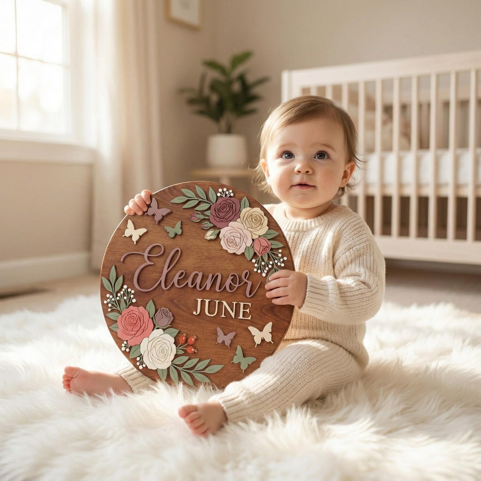 Personalized Baby Girl Nursery Door Sign, Custom Name Wooden Round Sign, Baby Shower Gift