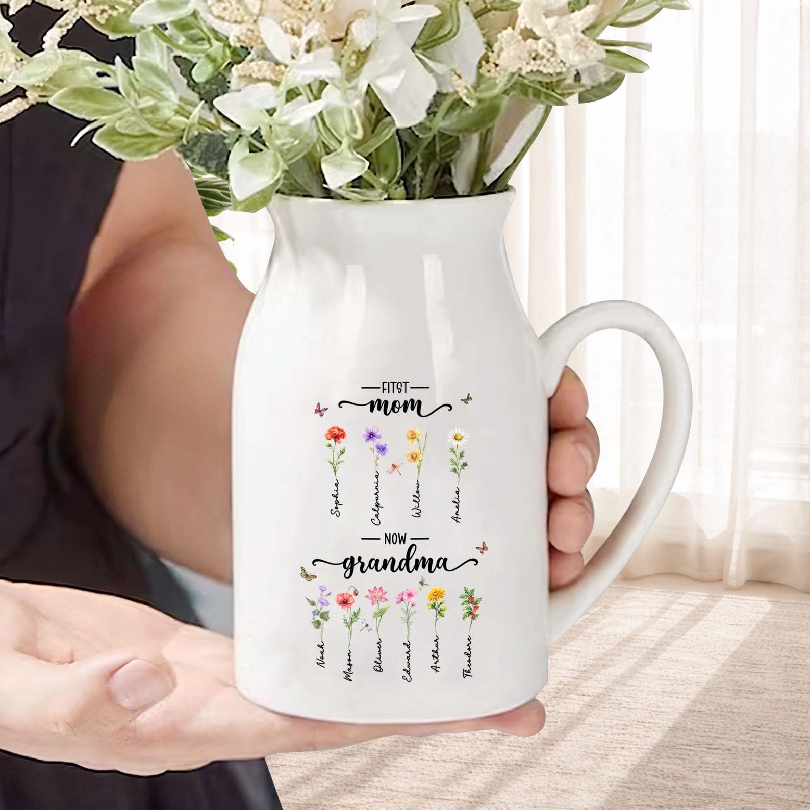 Custom First Mom Now Grandma Ceramic Flower Vase, Birth Month Flower Vase, Grandmas Garden Vase, Birthday Gift for Mom Nana