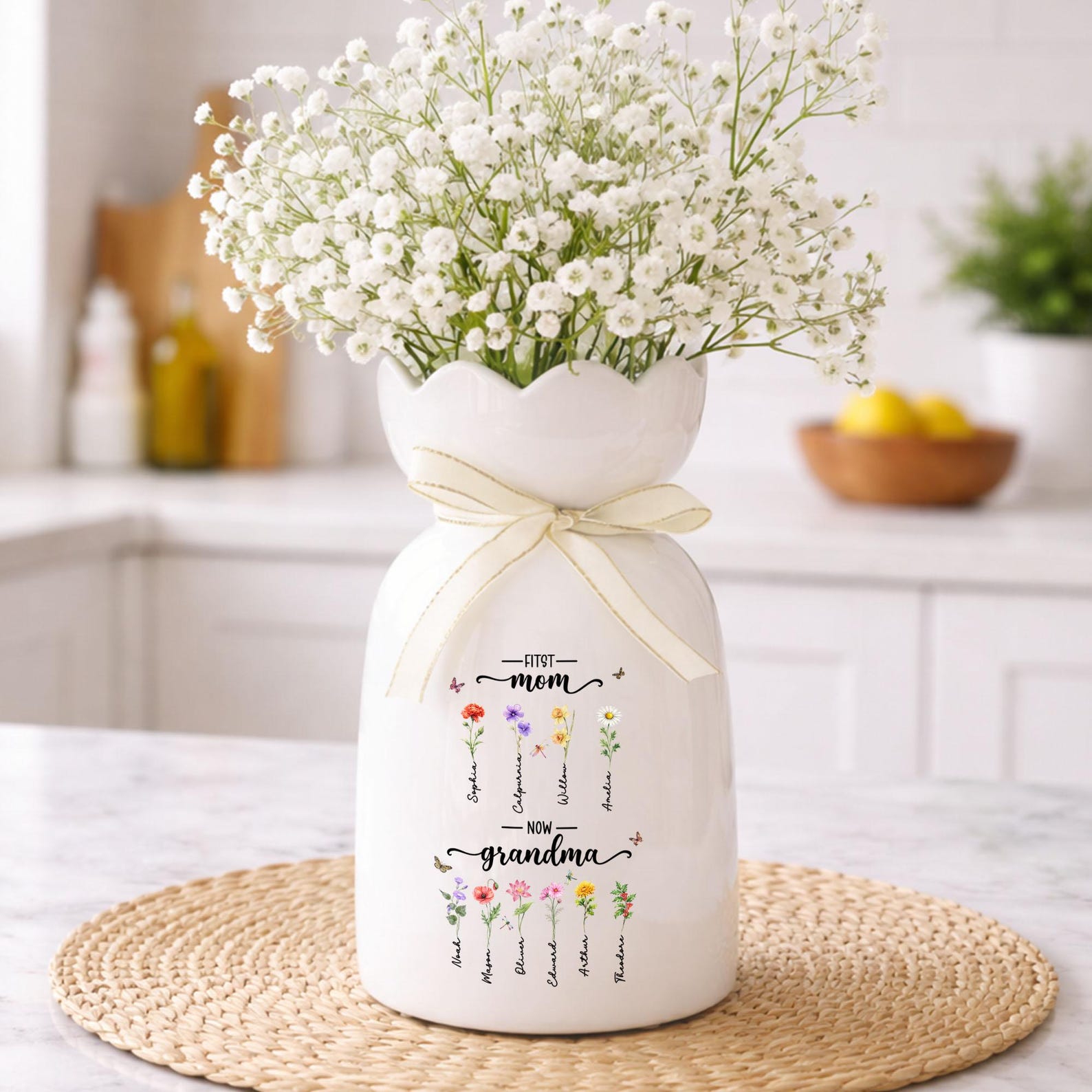 Custom First Mom Now Grandma Ceramic Flower Vase, Birth Month Flower Vase, Grandmas Garden Vase, Birthday Gift for Mom Nana