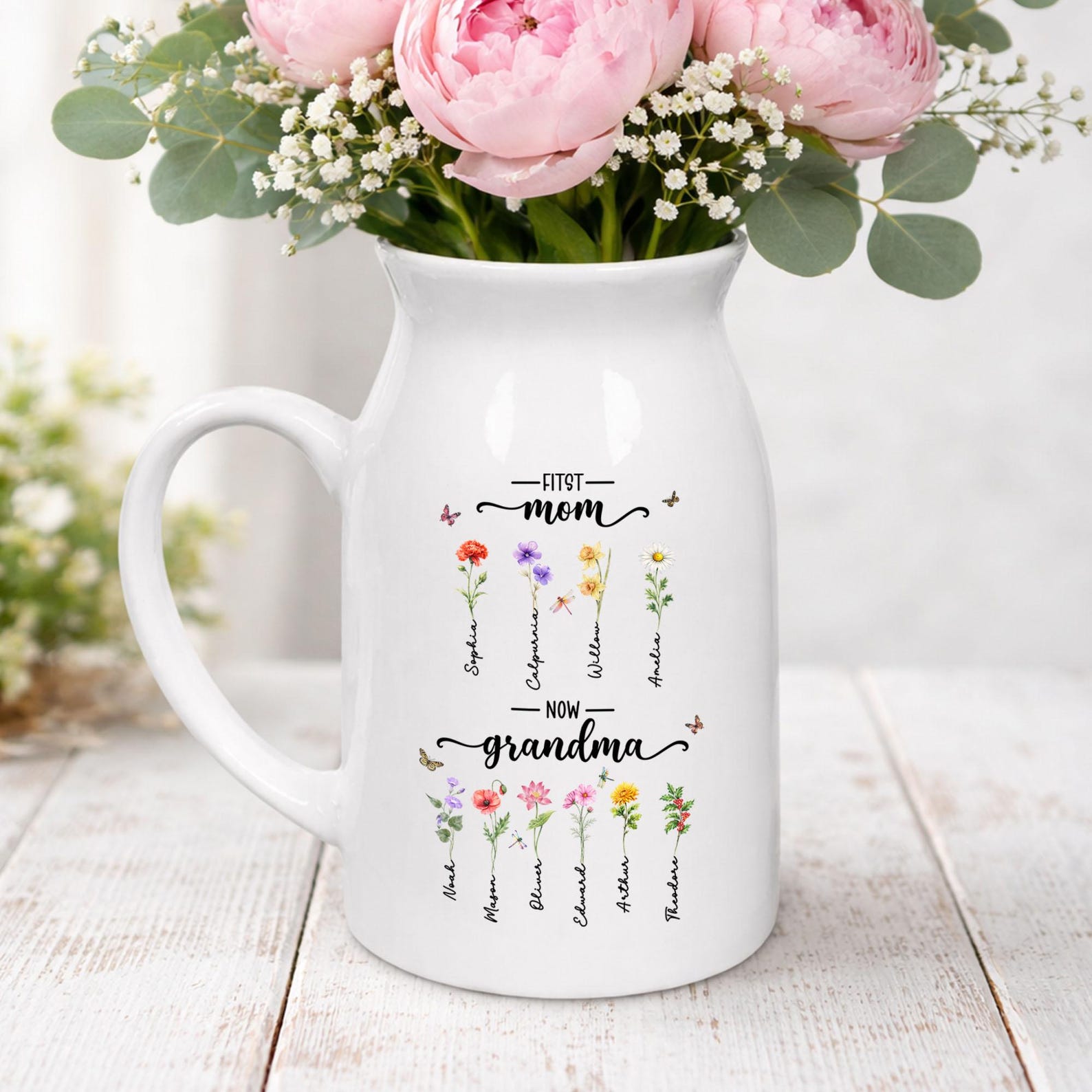 Custom First Mom Now Grandma Ceramic Flower Vase, Birth Month Flower Vase, Grandmas Garden Vase, Birthday Gift for Mom Nana