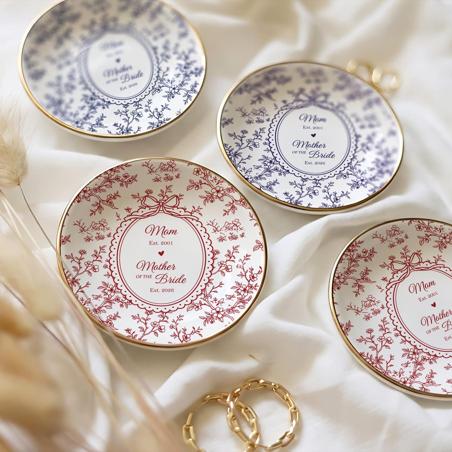 Personalized Mother of the Bride Jewelry Dish, Custom Toile De Jouy Ring Dish