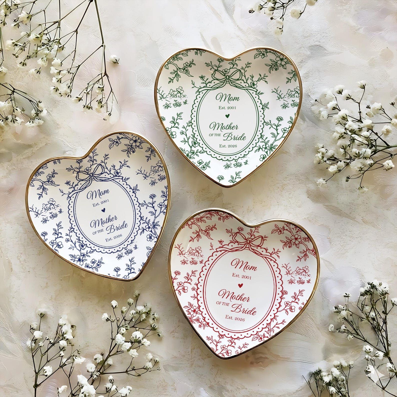 Personalized Mother of the Bride Jewelry Dish, Custom Toile De Jouy Ring Dish