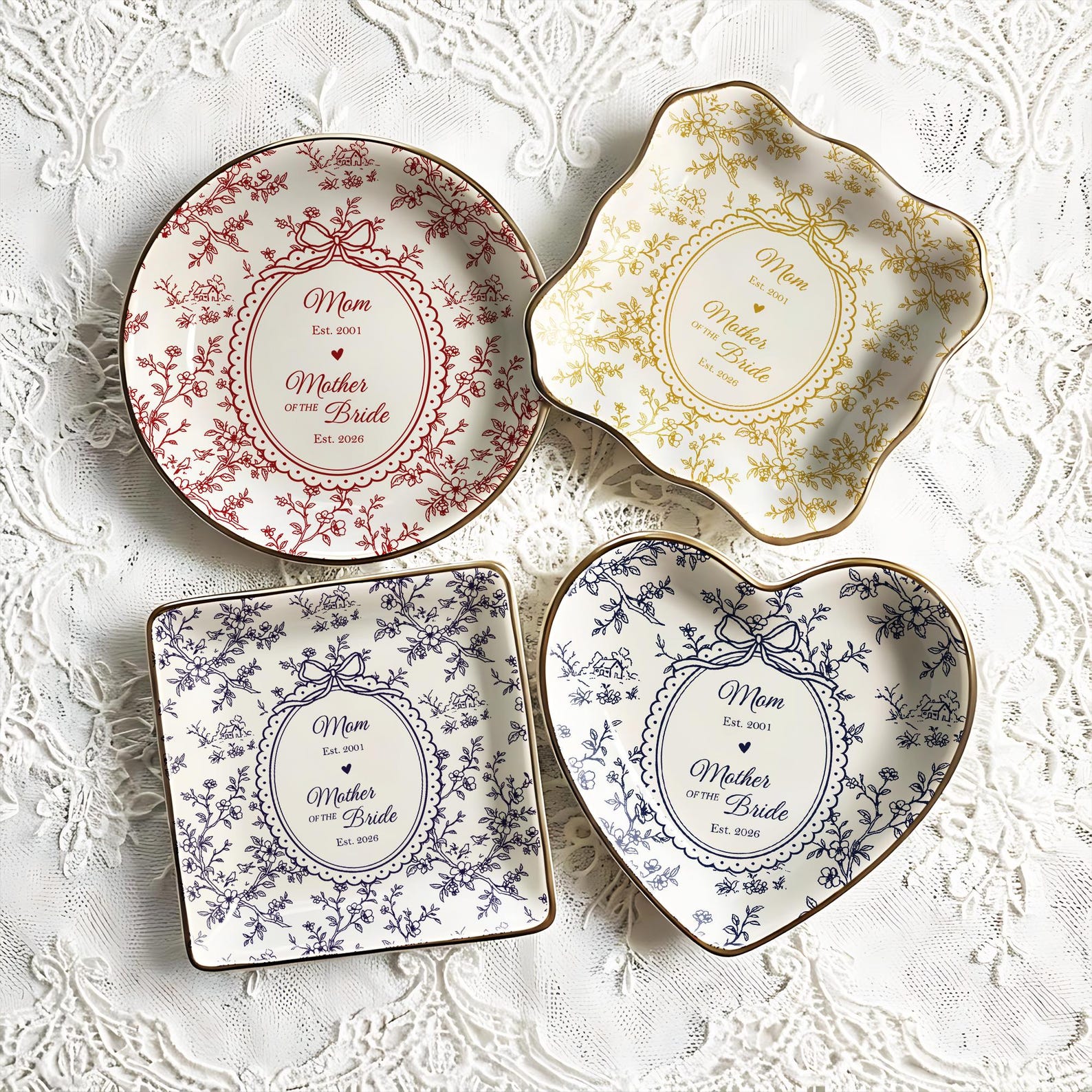 Personalized Mother of the Bride Jewelry Dish, Custom Toile De Jouy Ring Dish