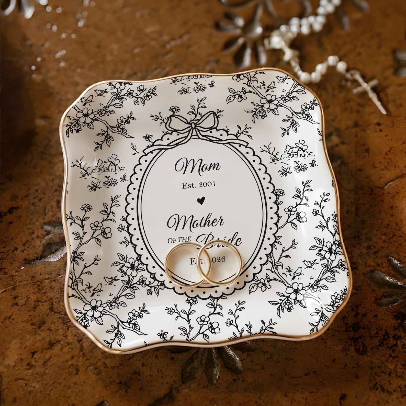 Personalized Mother of the Bride Jewelry Dish, Custom Toile De Jouy Ring Dish