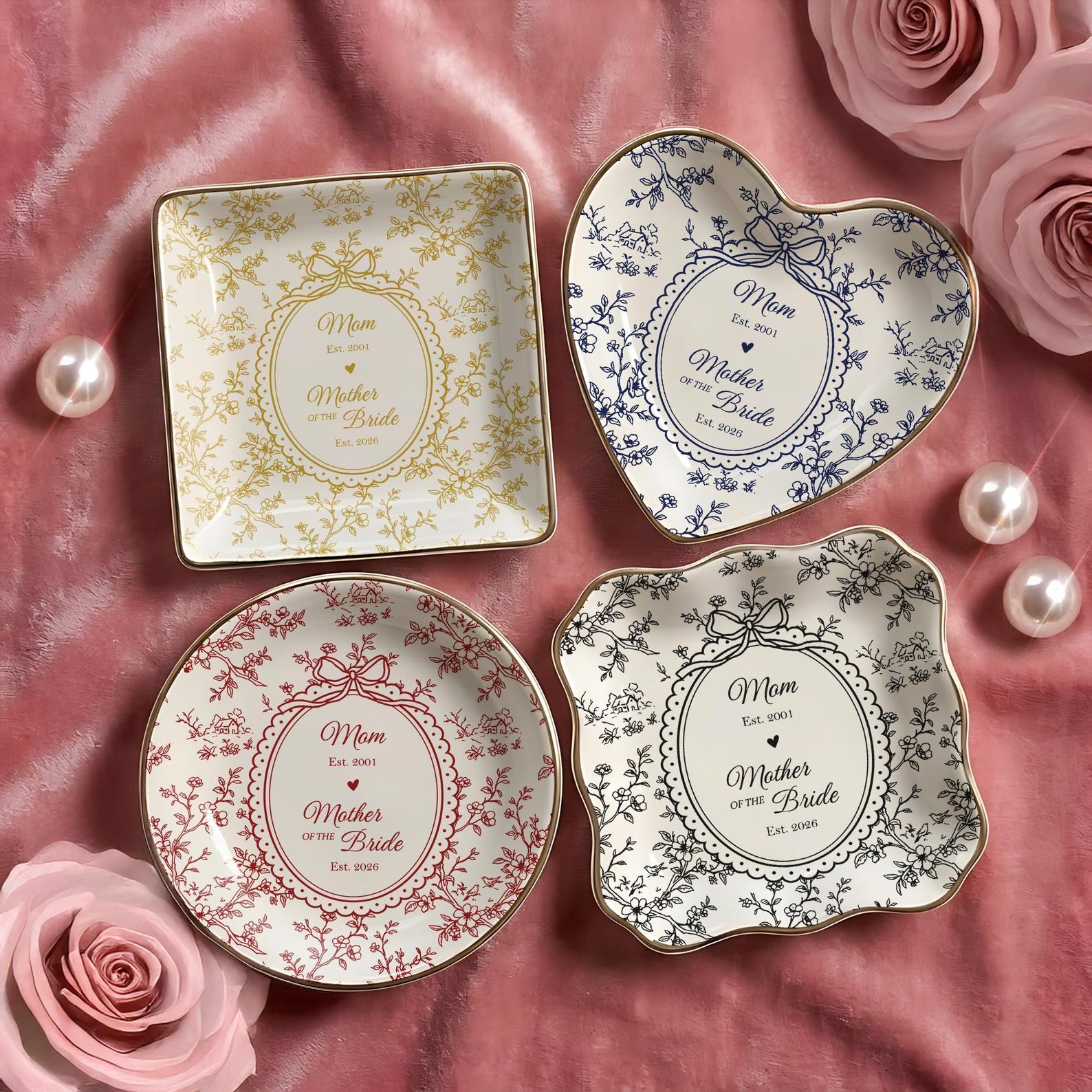 Personalized Mother of the Bride Jewelry Dish, Custom Toile De Jouy Ring Dish