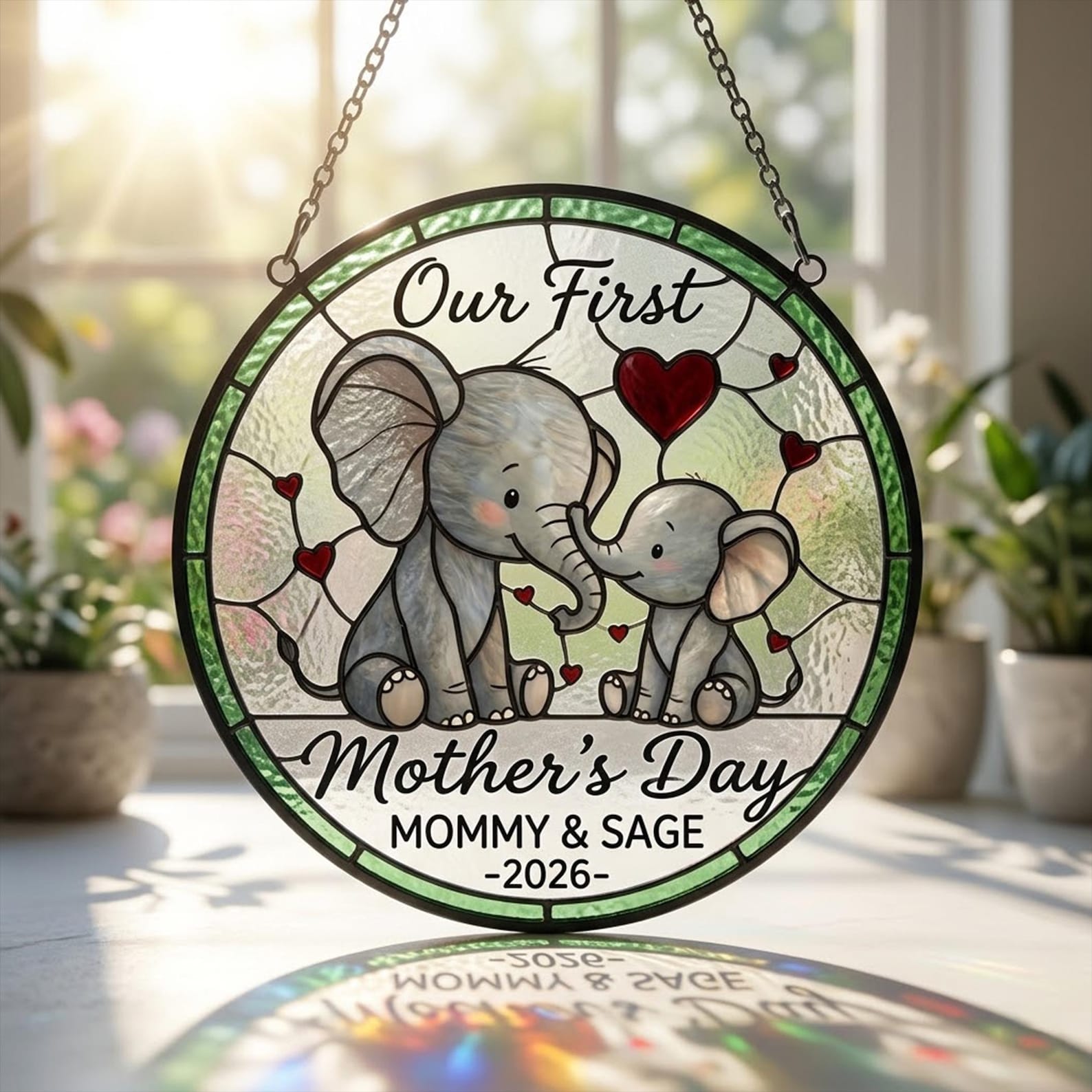 Personalized First Mother's Day Elephant Stained Glass Suncatcher, Custom Name Window Hanging