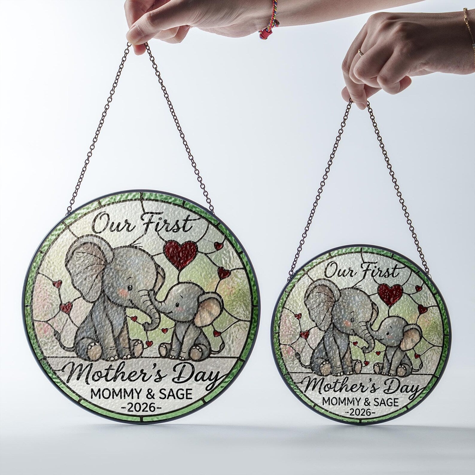 Personalized First Mother's Day Elephant Stained Glass Suncatcher, Custom Name Window Hanging