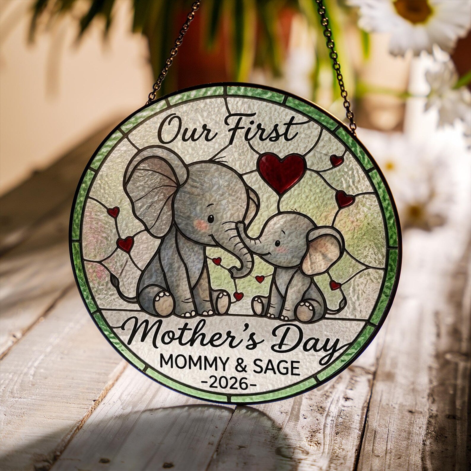 Personalized First Mother's Day Elephant Stained Glass Suncatcher, Custom Name Window Hanging