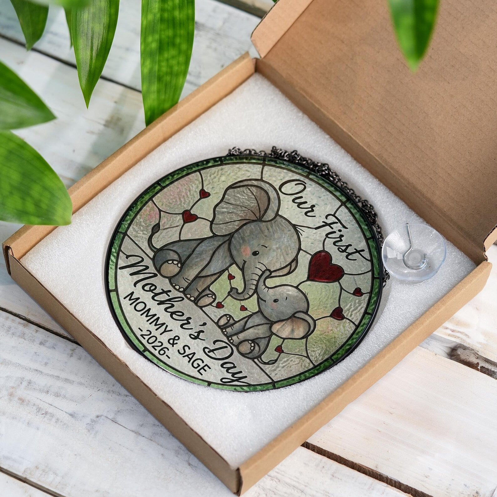 Personalized First Mother's Day Elephant Stained Glass Suncatcher, Custom Name Window Hanging