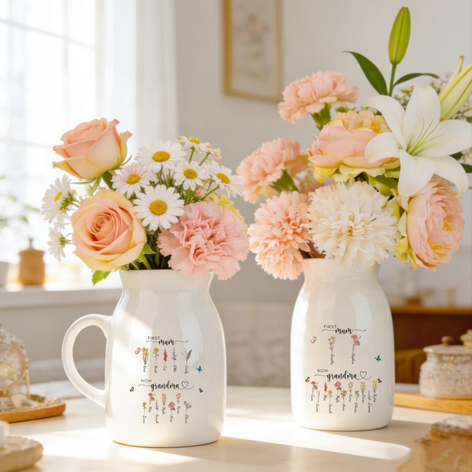 Personalized First Mom Now Grandma Birth Flower Vase, Custom Family Name Vase