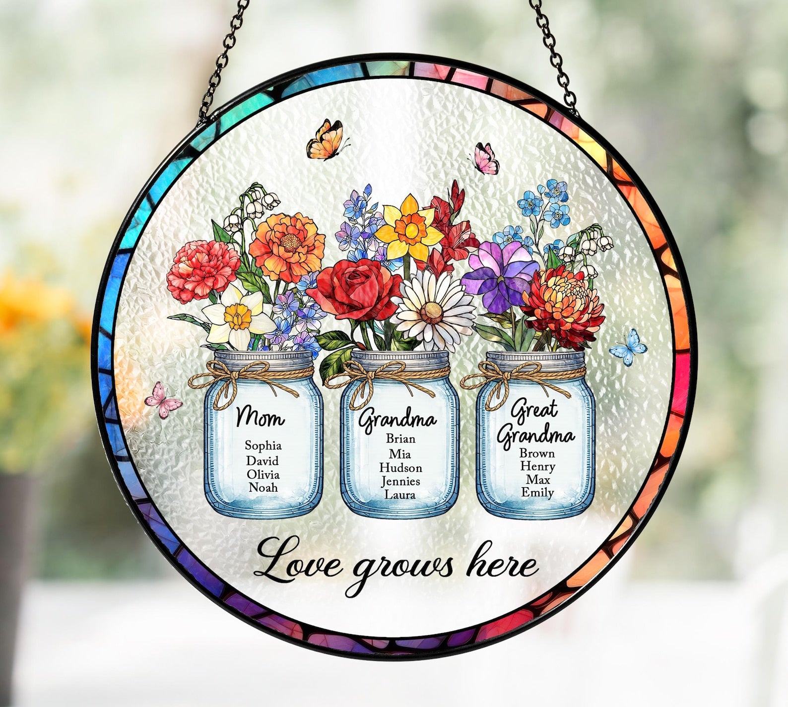 Custom Stained Glass Suncatcher, Birth Flower Garden Window Hanging