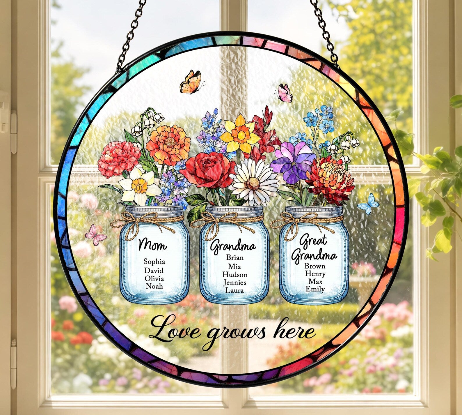 Custom Stained Glass Suncatcher, Birth Flower Garden Window Hanging