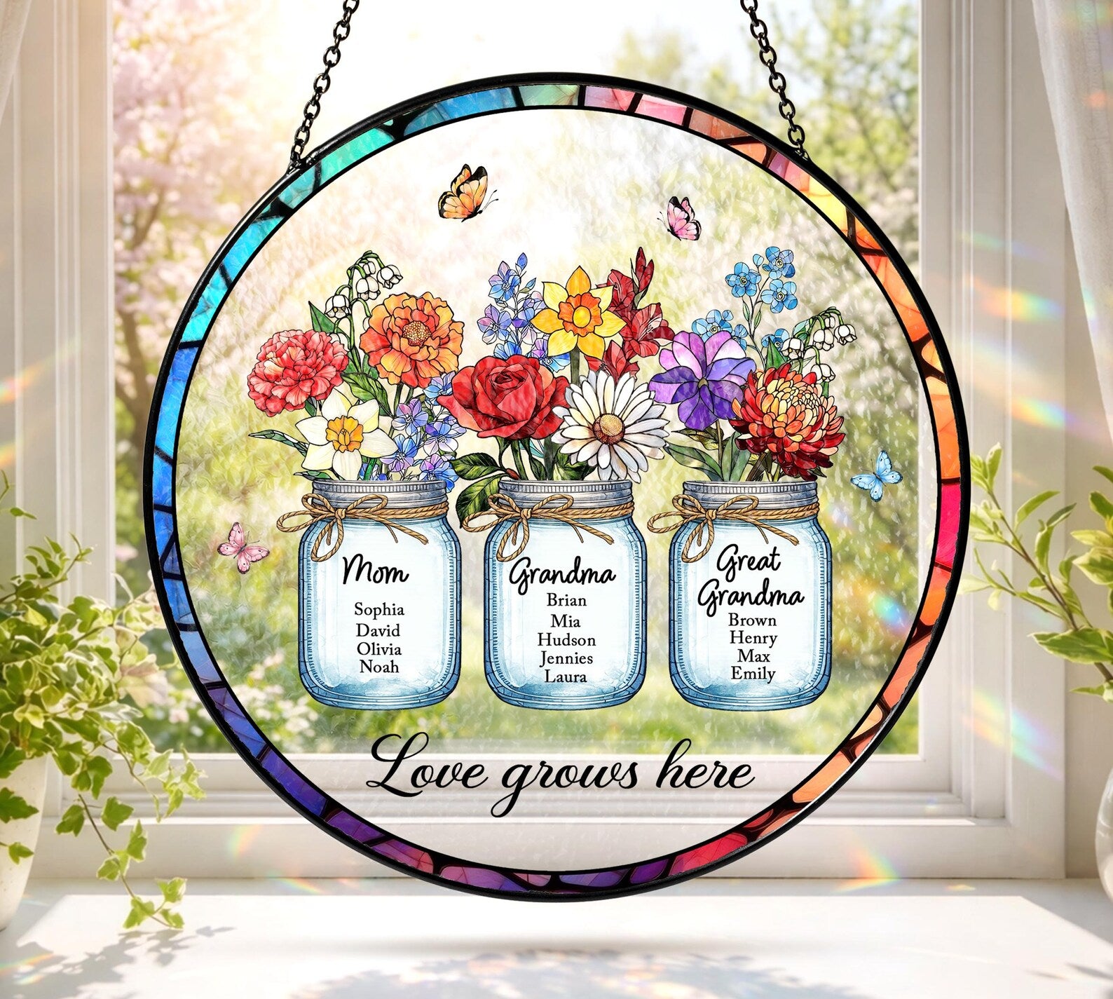 Custom Stained Glass Suncatcher, Birth Flower Garden Window Hanging